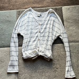 Long sleeve Button up, Waffle Top. Small bottom-front knot